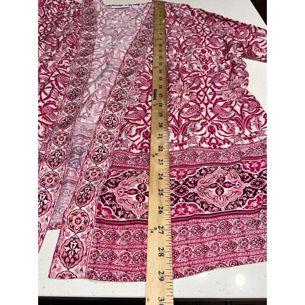 Susan Graver Women’s Top Kimono Open Front Pink White Lightweight Flowy Beach Lg - Picture 8 of 9